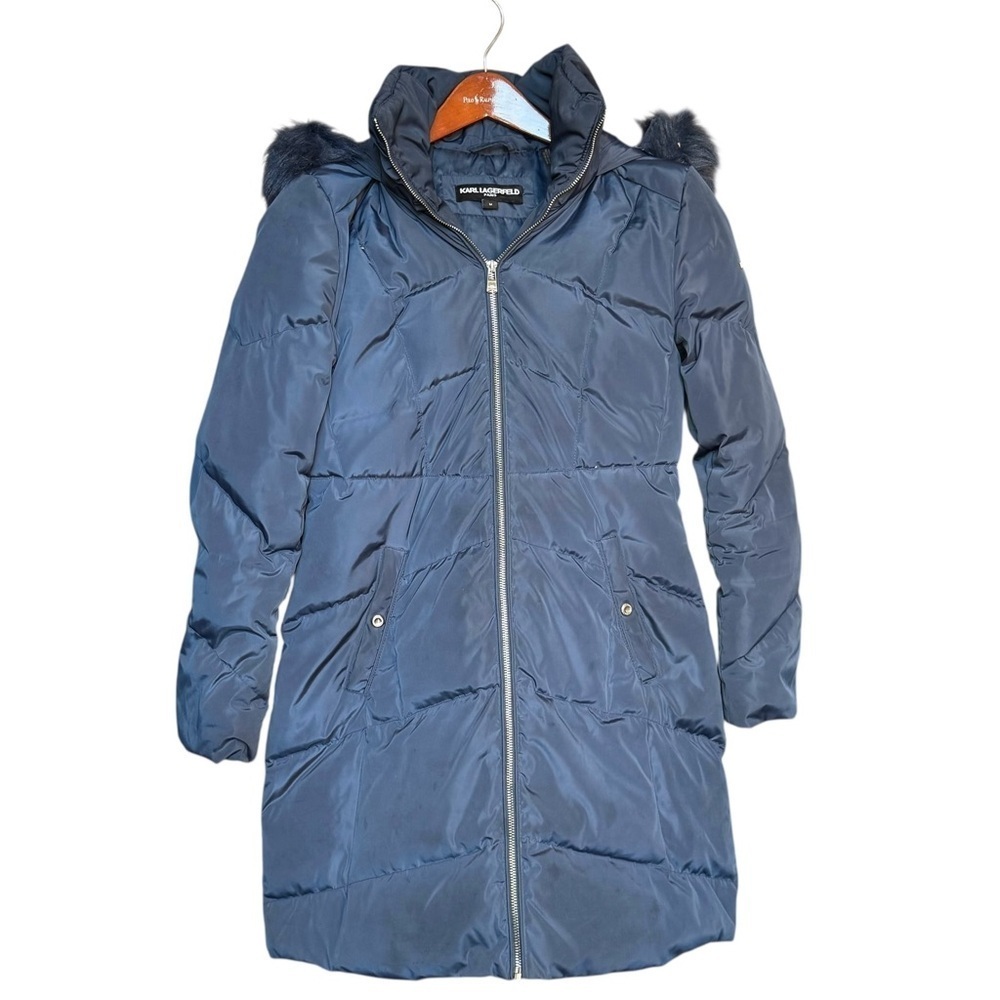 Karl Lagerfeld Faux Fur Collar Navy Blue Puffer Coat - Picture 3 of 12